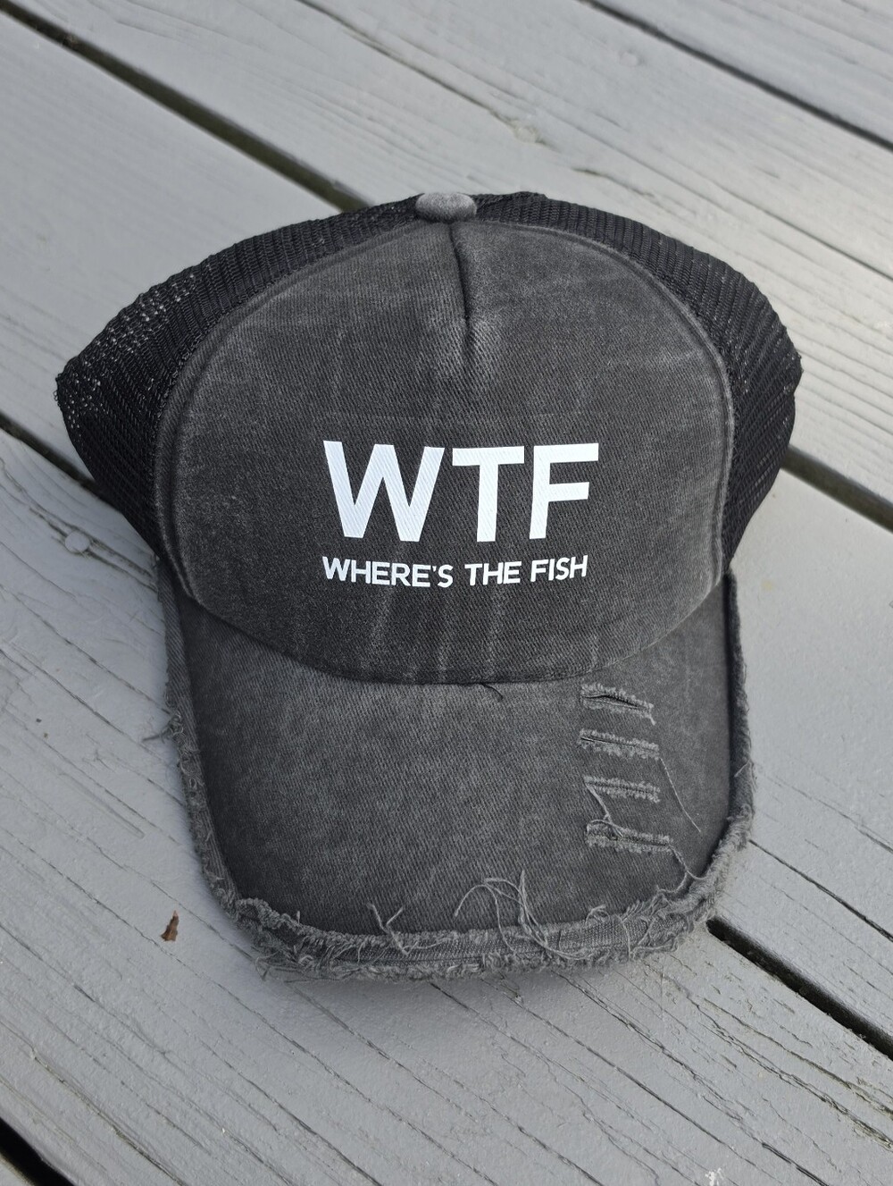 WTF Wheres The Fish Hat Funny Distressed Fishing Novelty Trucker Hat